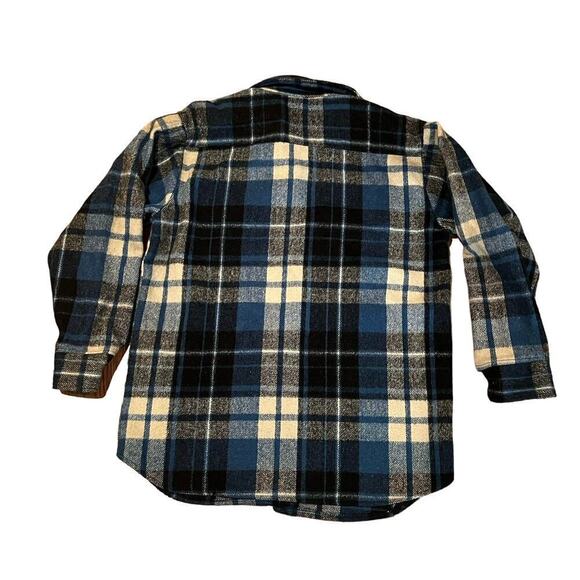 Vintage 70s Kings Road Loop Collar Wool Flannel Shirt Blue Plaid Sears Sz Large - Picture 5 of 8